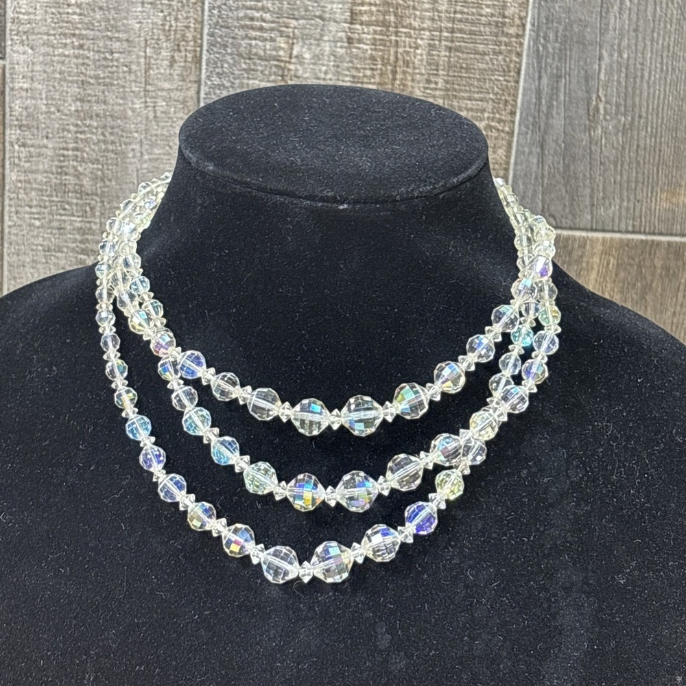 Vintage Laguna AB Crystal Necklace Triple Strand Aurora Borealis 1950s 60s